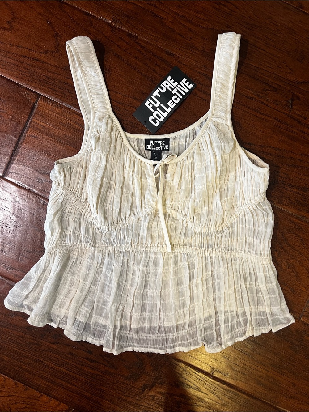 NWT Future Collective Cream Crinkle Peplum Tank Top | Size Medium
